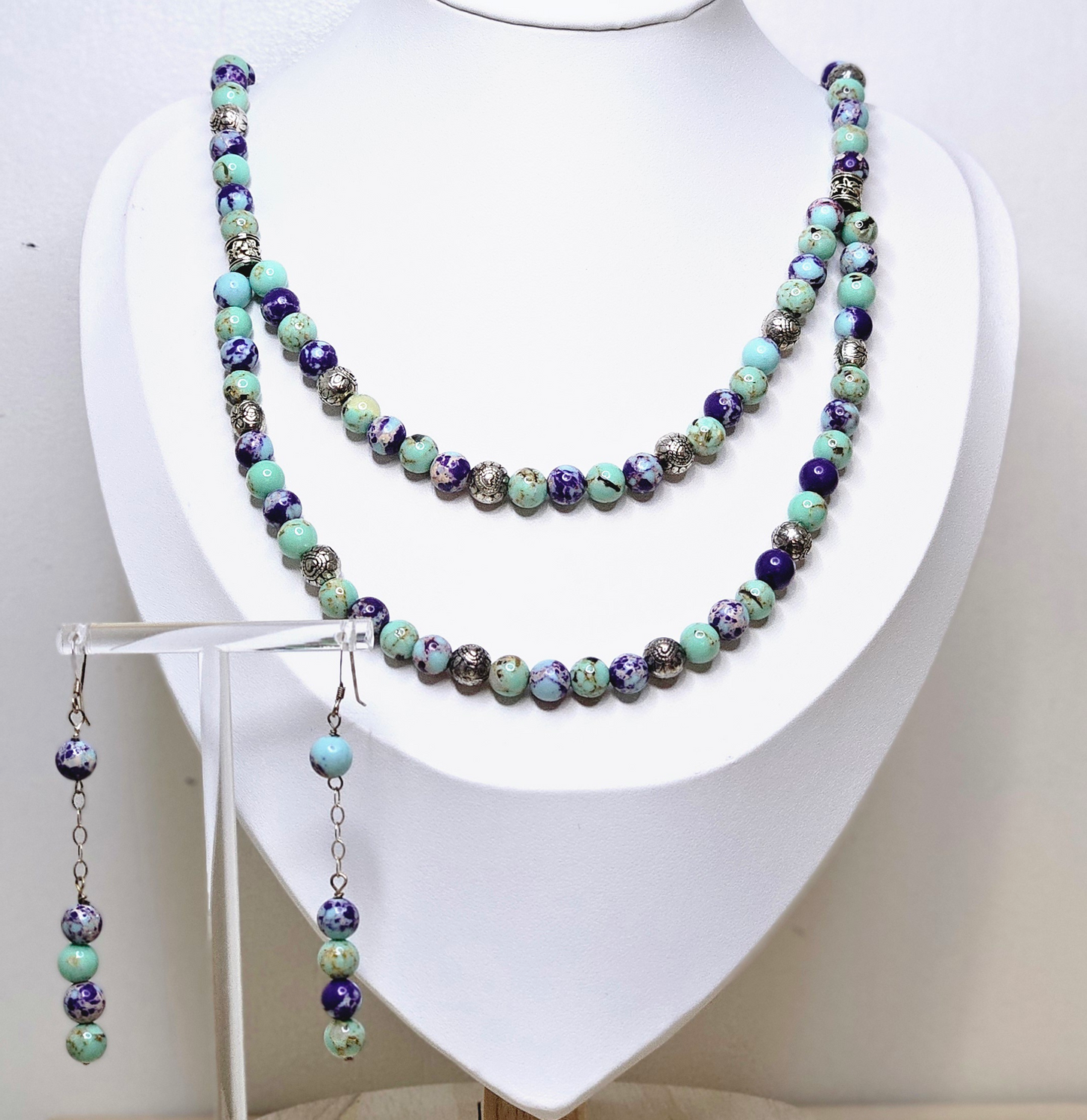 Purple Green Emperor Sea Jasper and turquoise beads necklace and earrings jewelry set