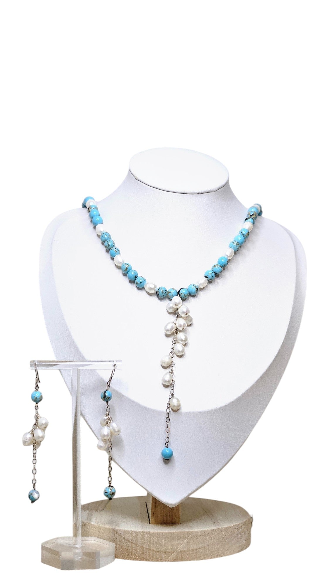 Blue Turquoise Round Beads with Real River Pearls Necklace and Earrings for Weddings