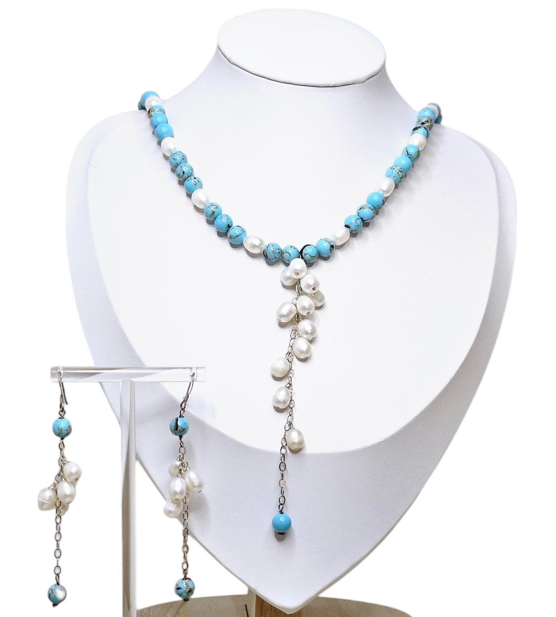 Blue Turquoise Round Beads with Real River Pearls Necklace and Earrings for Weddings