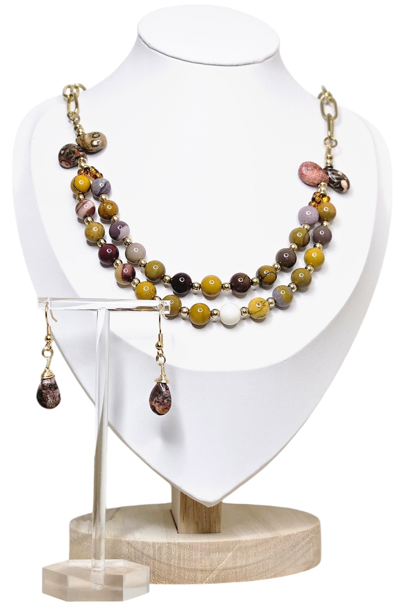 Brown Tiger Eye Teardrop and Round Necklace and Earrings Jewelry Set Handmade