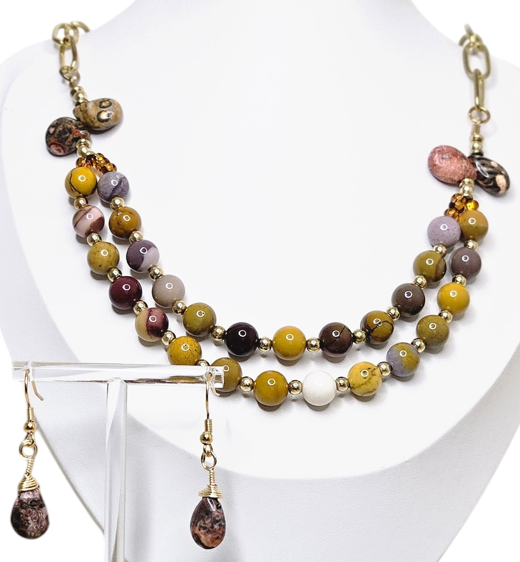 Brown Tiger Eye Teardrop and Round Necklace and Earrings Jewelry Set Handmade