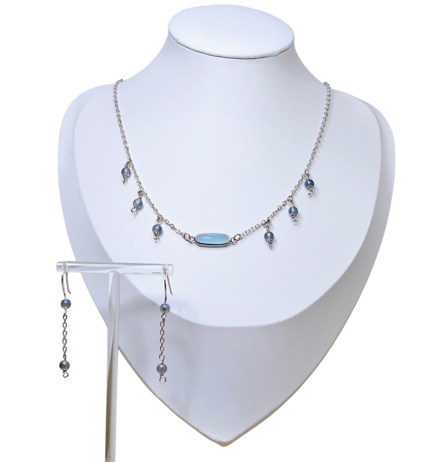 Sapphire Silverite Round Glass Necklace and Earrings