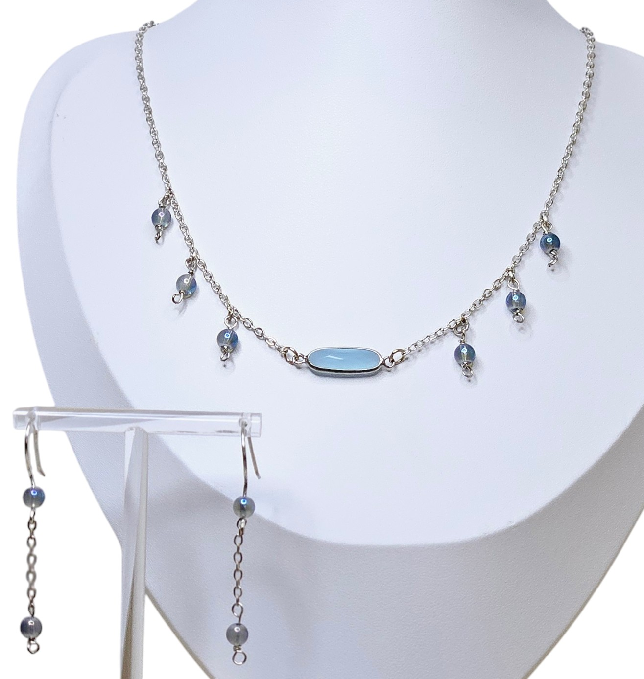 Sapphire Silverite Round Glass Necklace and Earrings
