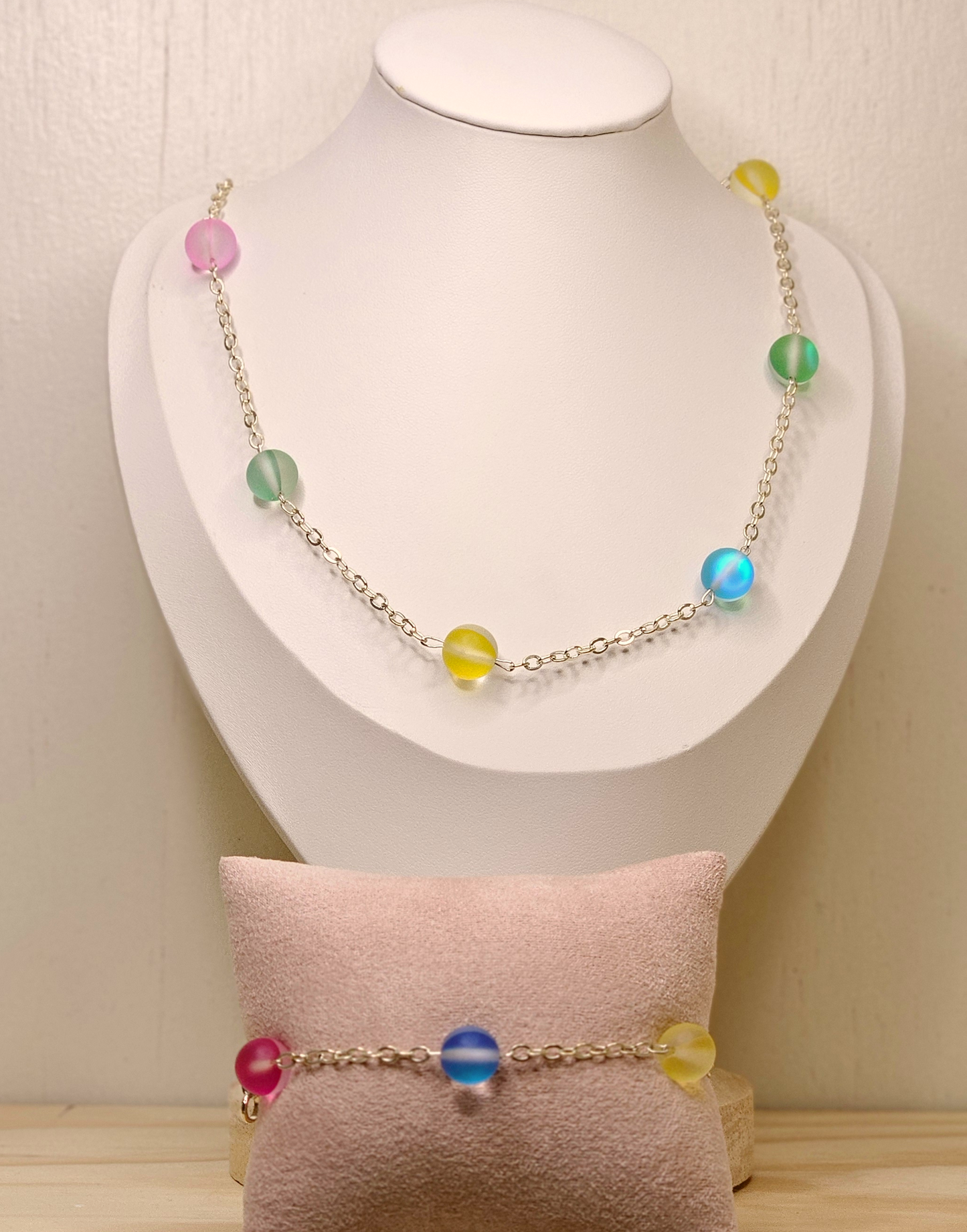 Matte Mermaid Glass Round Beads 3 piece set necklace, bracelet and earrings