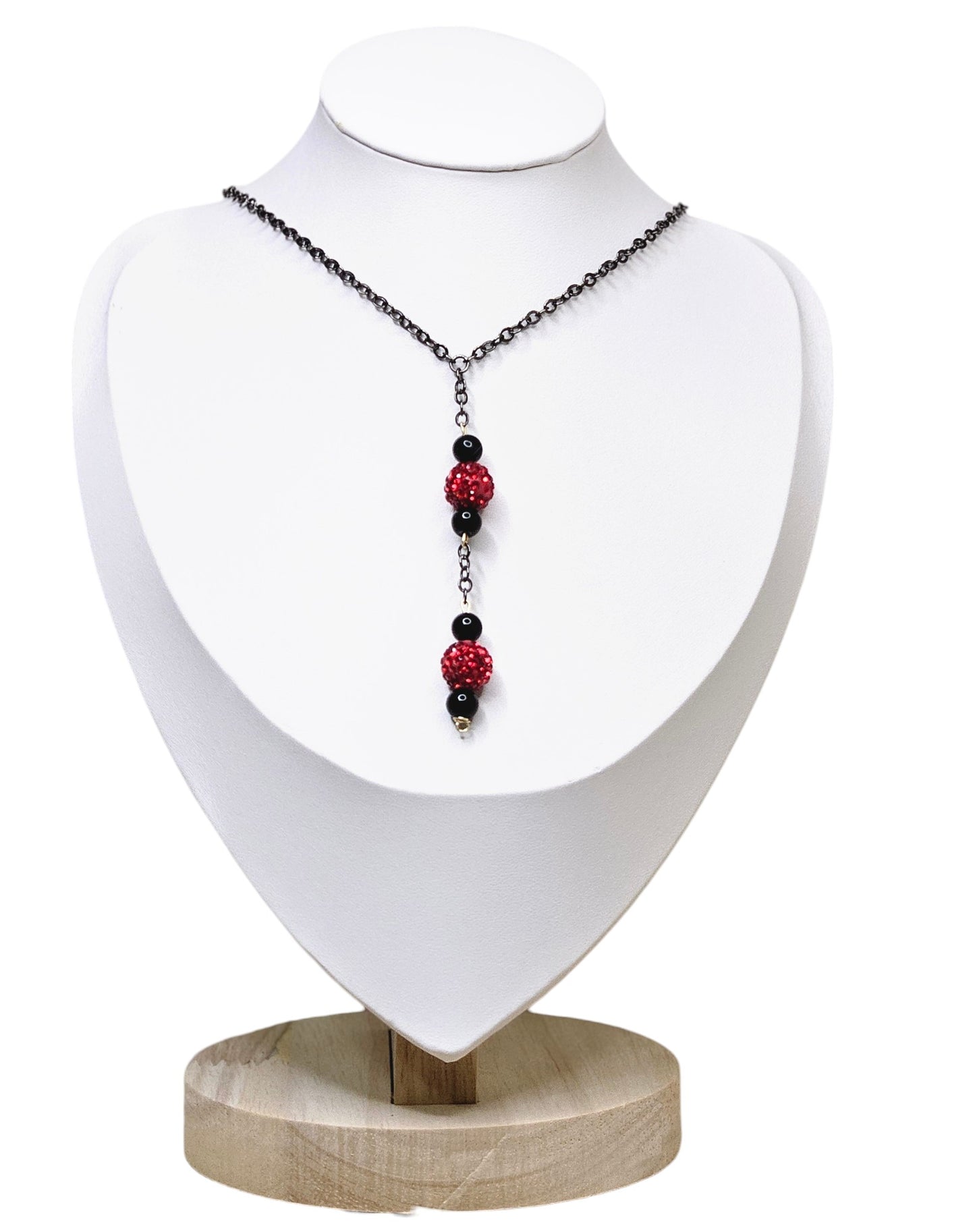 Elegant Romantic Red Rhinestone Studded Round Beads and Black Jasper Necklace