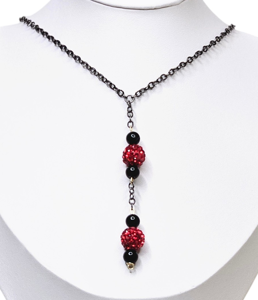 Elegant Romantic Red Rhinestone Studded Round Beads and Black Jasper Necklace
