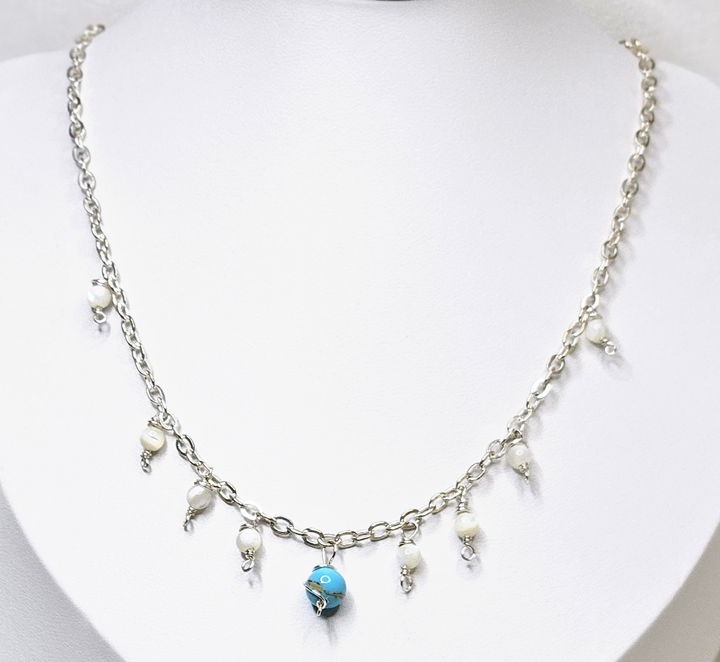 Silver Chain Necklace with White Mother of Pearl & Imperial Jasper Pendant