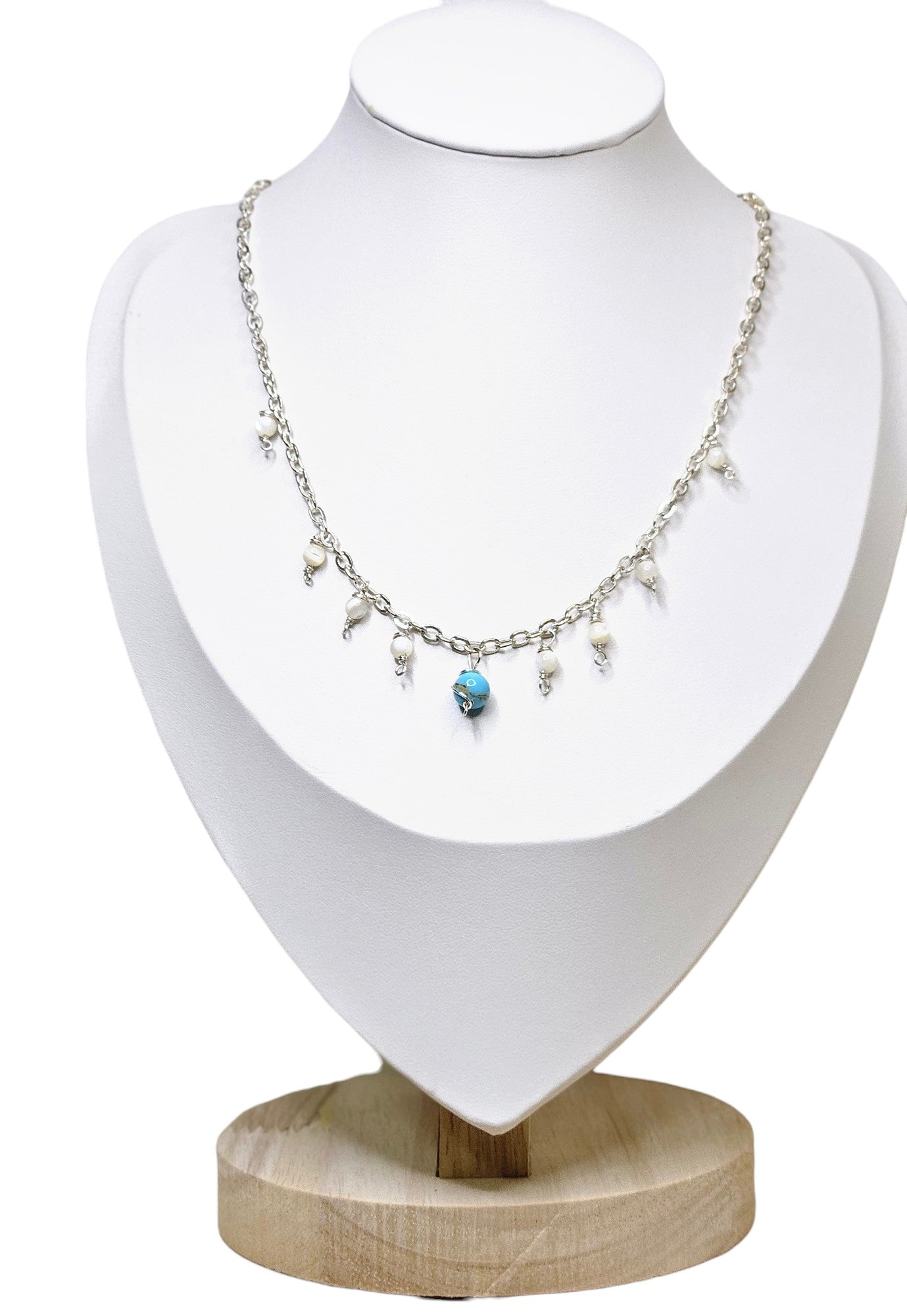 Silver Chain Necklace with White Mother of Pearl & Imperial Jasper Pendant