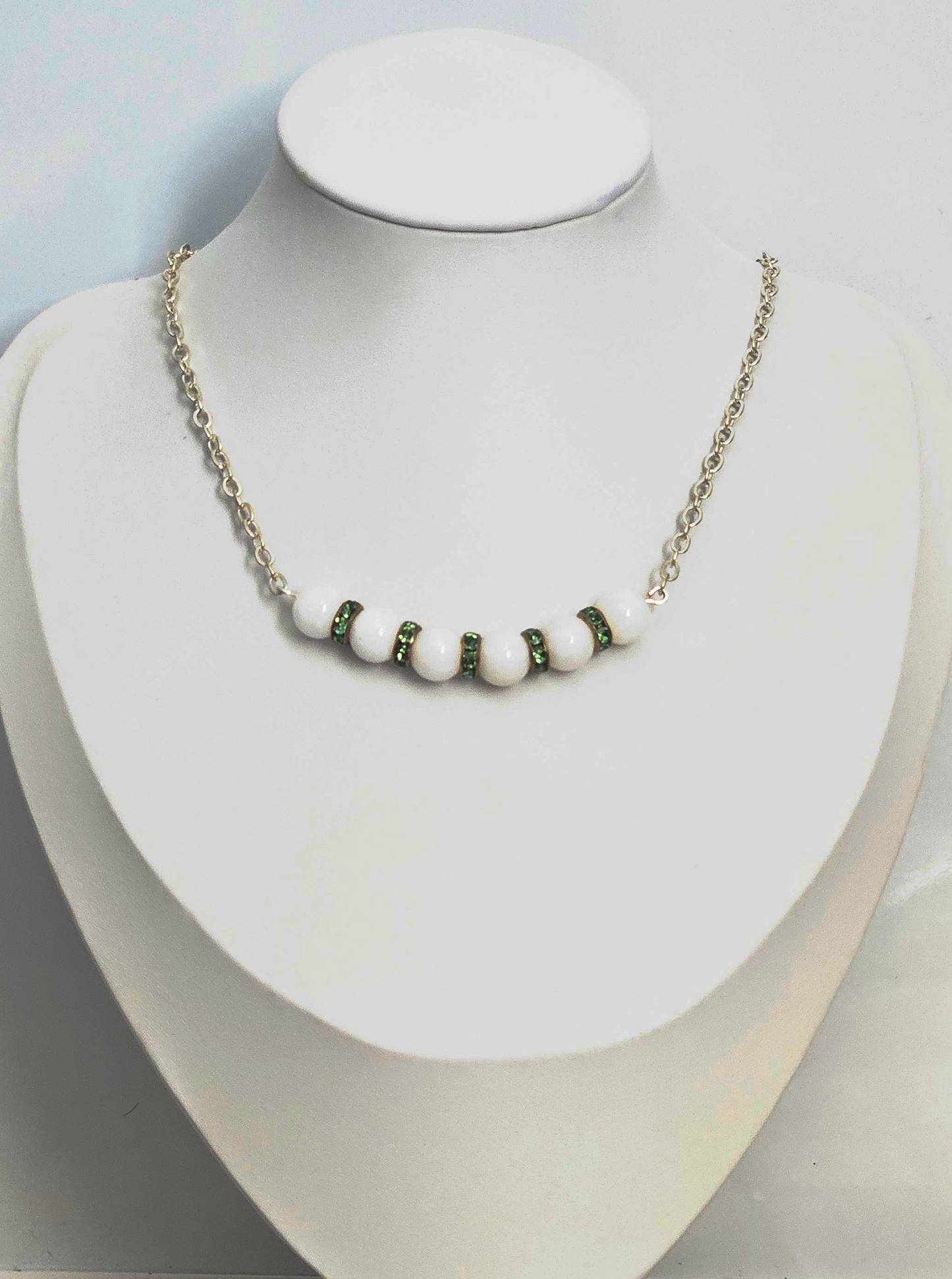 White Bead and Green Crystal Accent Necklace and bracelet