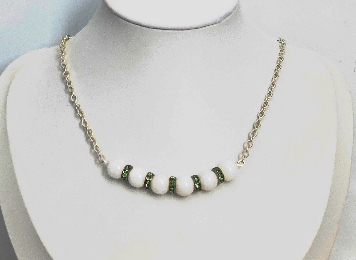 White Bead and Green Crystal Accent Necklace and bracelet