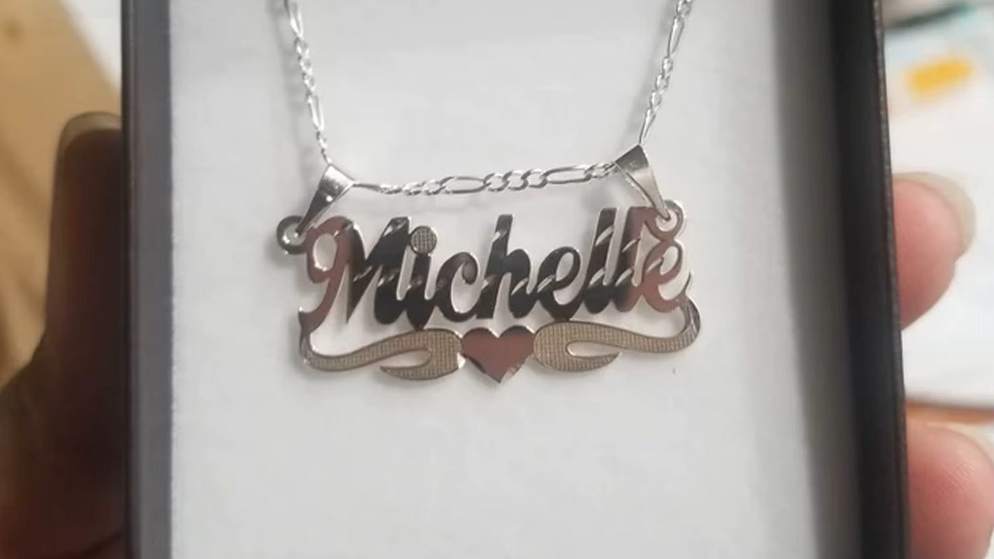 Cursive Nameplate Necklace, Diamond cut Finish, Underlining Middle Heart Name