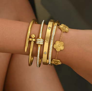 4 Styles Stainless Steel Bracelet , Four-Leaf Clover Lucky Cuff