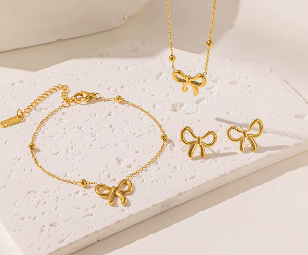 Stainless Steel Delicate Gold Color Bowknot Necklace Bracelet Earrings For Women Bow Tie Charm Unique Design Jewelry Set