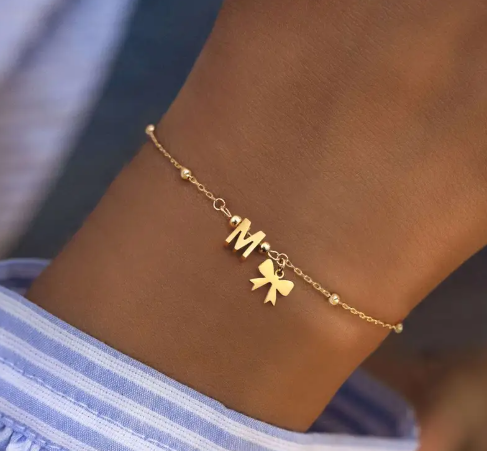 18K Golden Plated Stainless Steel Bow Charm Initial Bracelet