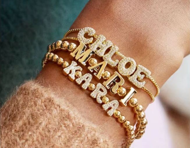 Fat Bubble Slide Initial Letters Bracelet Full Crystal Letters Women Name