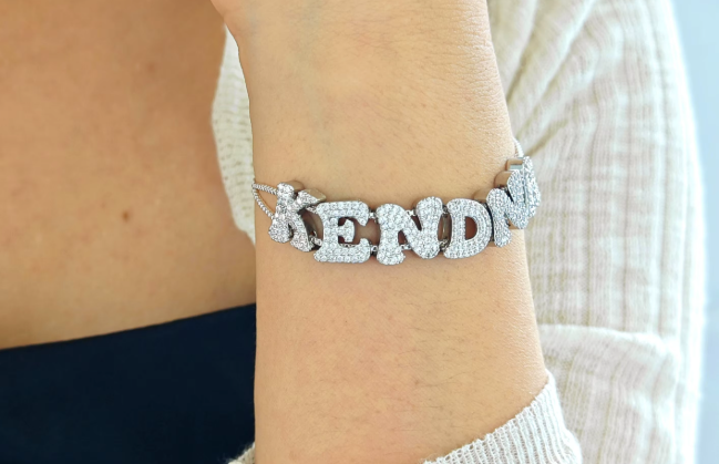 Fat Bubble Slide Initial Letters Bracelet Full Crystal Letters Women Name