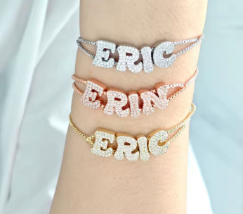 Fat Bubble Slide Initial Letters Bracelet Full Crystal Letters Women Name