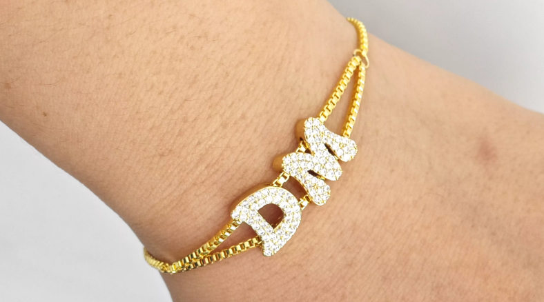 Fat Bubble Slide Initial Letters Bracelet Full Crystal Letters Women Name