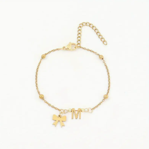 18K Golden Plated Stainless Steel Bow Charm Initial Bracelet