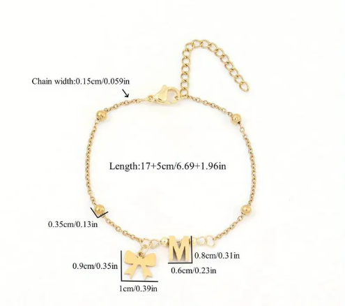 18K Golden Plated Stainless Steel Bow Charm Initial Bracelet