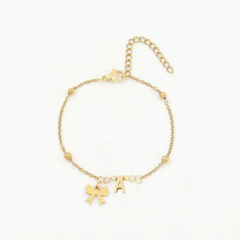 18K Golden Plated Stainless Steel Bow Charm Initial Bracelet