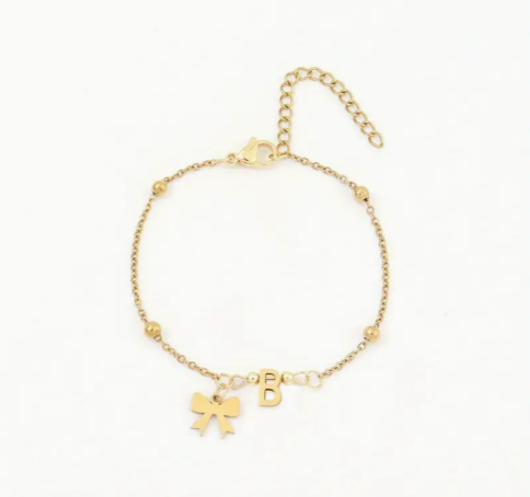 18K Golden Plated Stainless Steel Bow Charm Initial Bracelet