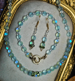 Opal Moonstone Glass Round Beads set 3 piece earrings, necklace and bracelet.