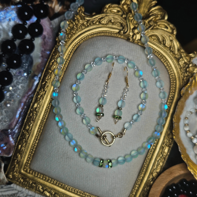 Opal Moonstone Glass Round Beads set 3 piece earrings, necklace and bracelet.