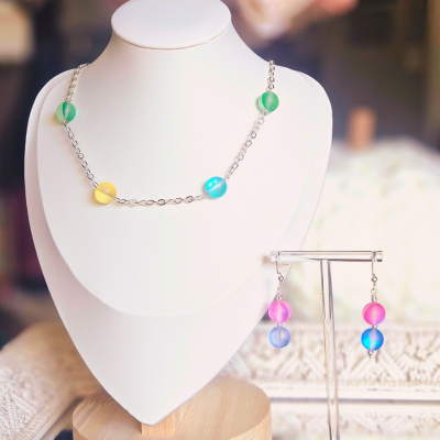 Matte Mermaid Glass Round Beads 3 piece set necklace, bracelet and earrings