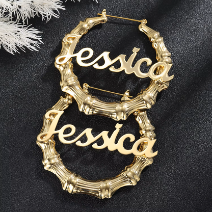 Daily Wear Bamboo Hoop Earrings Custom Name Jewelry Gold Stainless Steel